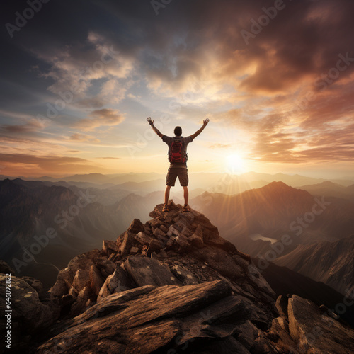 Fondo con detalle de persona que ha conquistado la cima de una montaña, con pose de triunfo, brazos en alto, con fondo natural de puesta de sol © Iridium Creatives