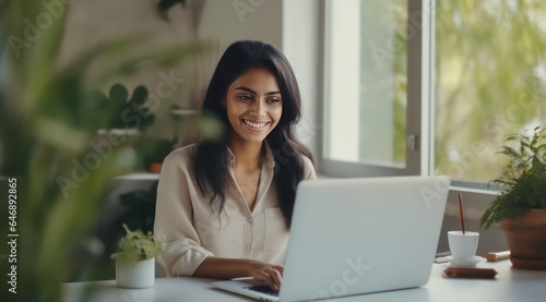 Modern Indian Woman Working on Laptop in Office, Happy