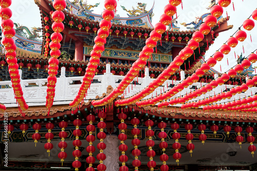 Photography Thean Hou Temple decorated with hanging red lanterns during Chinese Lunar New Year celebration, Kuala Lumpur, Malaysia