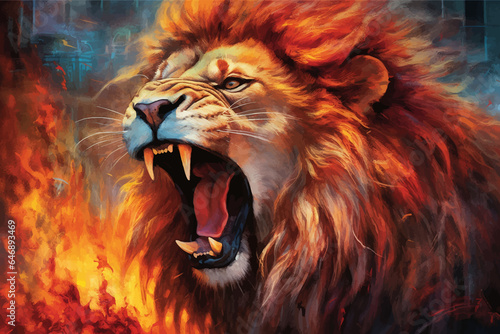 Lion Roaring. Terrible. Head of Lion with a fiery mane. The majestic King of beasts with a flaming   blazing mane. Regal and powerful. Wild animal. Ferocious Roar. Fire backgrounds. 3d digital art