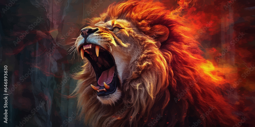Lion Roaring. Terrible. Head of Lion with a fiery mane. The majestic King of beasts with a flaming,  blazing mane. Regal and powerful. Wild animal. Ferocious Roar. Fire backgrounds. 3d digital art - obrazy, fototapety, plakaty 