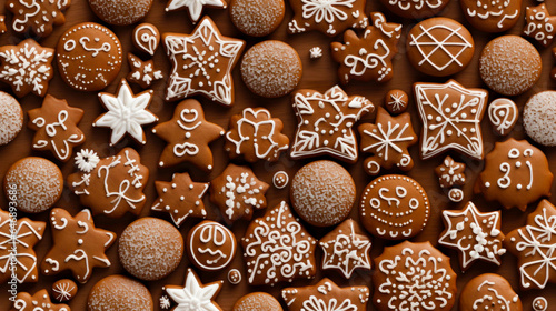 Freshly Baked Gingerbread Christmas Cookies with frosting. Top-down view. Seamless tiled texture.