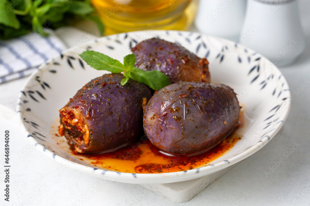 Traditional delicious Turkish foods; eggplant stuffed (patlican dolmasi) Traditional delicious Turkish foods; eggplant stuffed (patlican dolmasi)