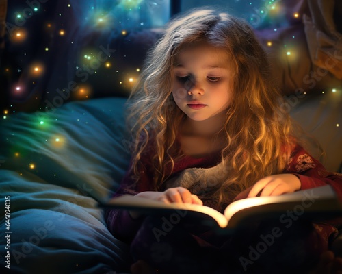 A magical children reading storybook glowing light and dot around the children science and function style