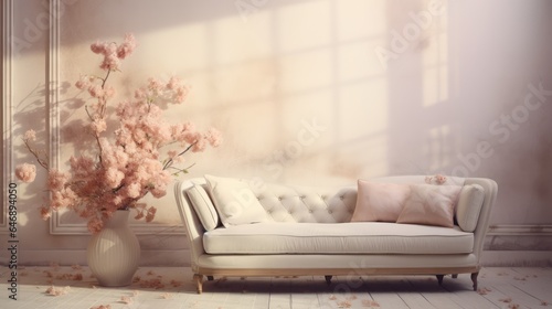 Romantic pastel couch with pillow in a pastel colored room