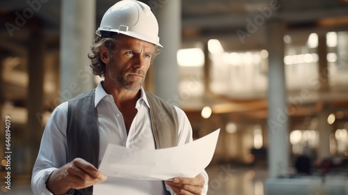Professional man in Hardhat Engaged in Construction Work as Engineer, Manager, and Foreman Amidst a Business Setting