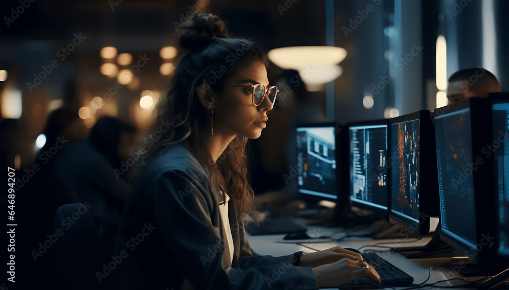 Female engineer working with a software program on desktop computer with multiple screens - obrazy, fototapety, plakaty 