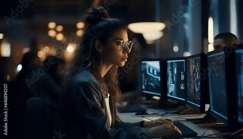 Female engineer working with a software program on desktop computer with multiple screens