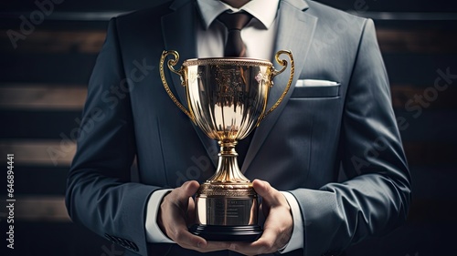 Businessman with formal suit holding golden trophy winning award in dark dramatic background.