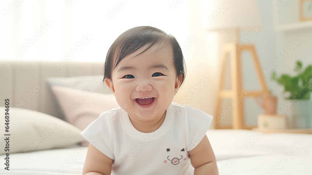Super Cute Chinese 3-Month-Old Baby with Happy Smile White Shirt Super Cute Chinese 3-Month-Old Baby with Happy Smile White Shirt