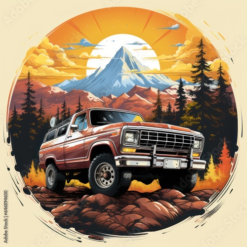 T-Shirt Design Vintage Ford Bronco in the Mountains Clipart