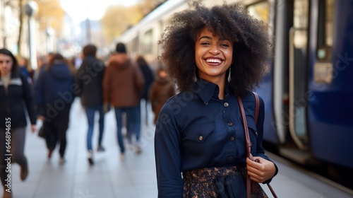Tall Black Girl in Dark-Blue Dress with Afro Haircut Smiling Sunny Spring Day Photography