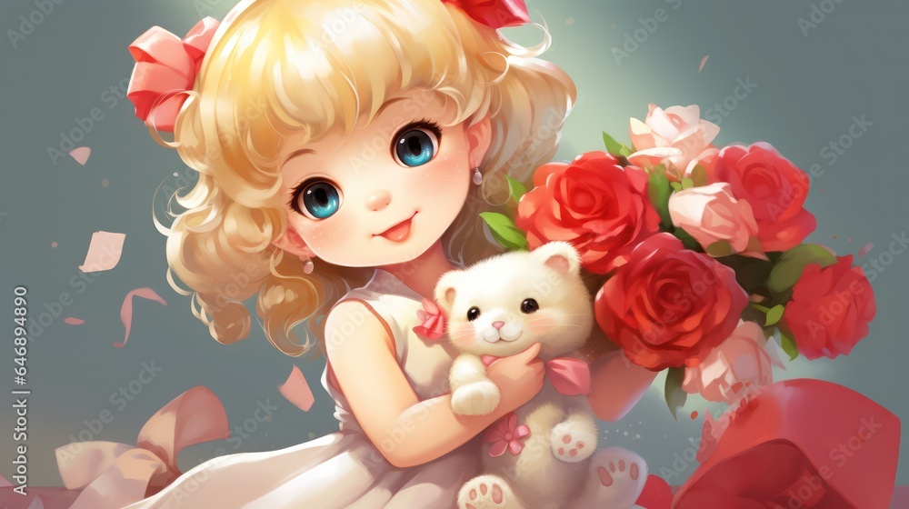 Very Cute Little Girl with Newborn White Cat Joyful and Red and white dress anime style