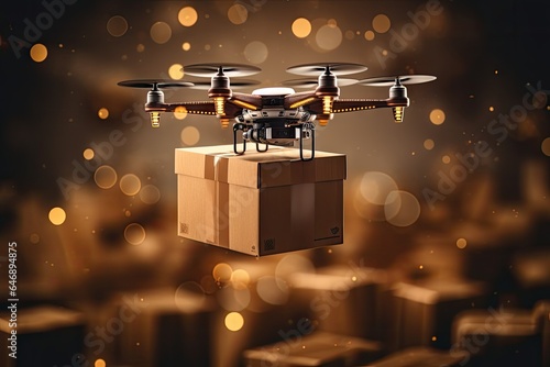 Delivery drone dropping mystery box with golden Christmas lights background