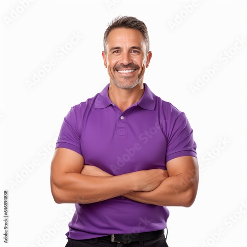 A happy smiling Man in Purple Shirt isolated on white background