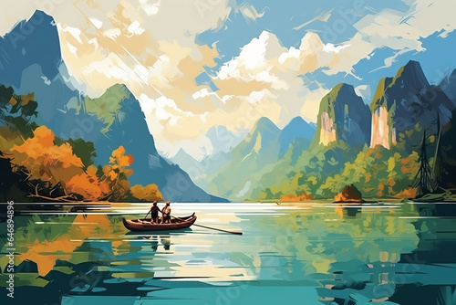 vector art of Travelers on the boat enjoy nature,Thailand, beautiful Asian holiday destinations.generative ai photo
