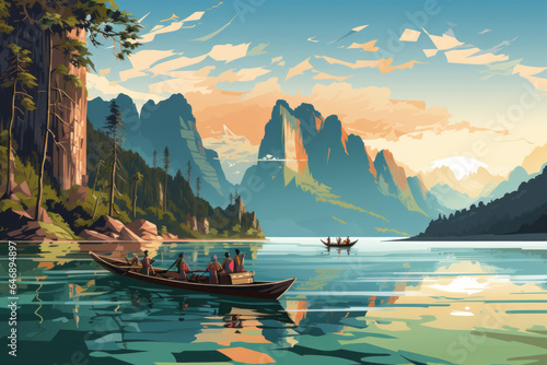 vector art of Travelers on the boat enjoy nature,Thailand, beautiful Asian holiday destinations.generative ai photo