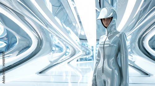 Woman in Futuristic Outfit with awesome futuristic room science and fiction style