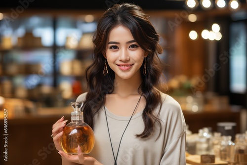 Young Chinese Woman Smiling, Holding Unlabelled Face Oil in Minimalist Cosmetics Store with Bright Lighting photo