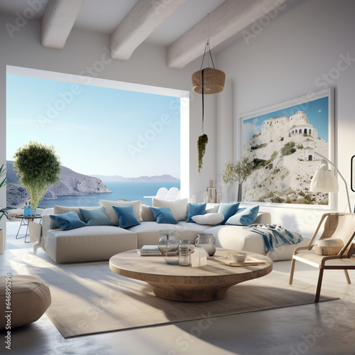 Fondo con detalle de salón con mobiliario de tonos blancos, decoración de tonos azules y ventanal de cristal con vistas a islas griegas