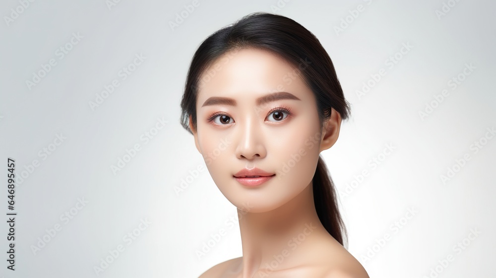 Radiant Beauty Portrait: A captivating close-up of a young woman with flawless skin and a serene expression, exuding confidence and natural beauty. 