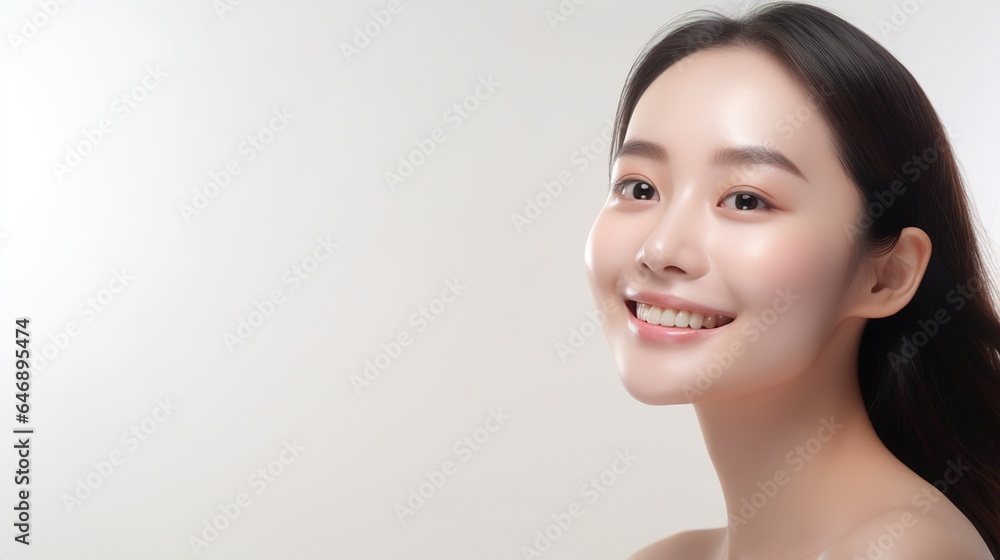 Radiant Beauty Portrait: A young Asian woman with flawless skin and a radiant smile, exuding confidence and natural beauty. Perfect for skincare, beauty, and cosmetics advertising. Radiant Beauty Portrait: A young Asian woman with flawless skin and a radiant smile, exuding confidence and natural beauty. Perfect for skincare, beauty, and cosmetics advertising.