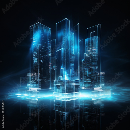 Fondo con detalle de piezas holograficas con forma de rascacielo con luz futurista y tonos azules photo