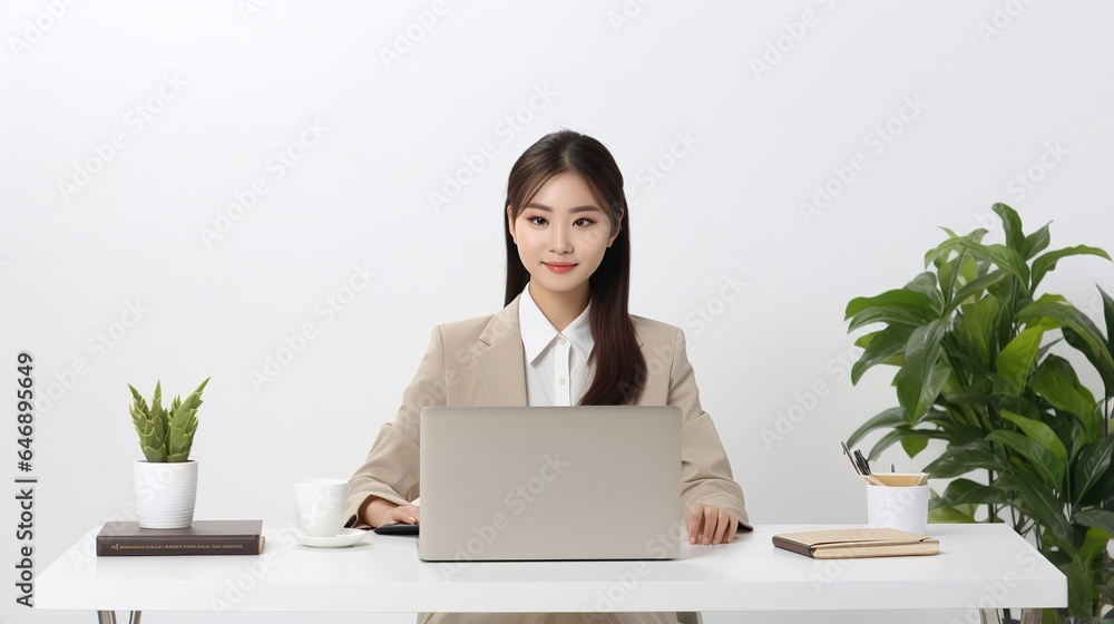 Smiling businesswoman successfully working on a laptop at her corporate office desk Smiling businesswoman successfully working on a laptop at her corporate office desk