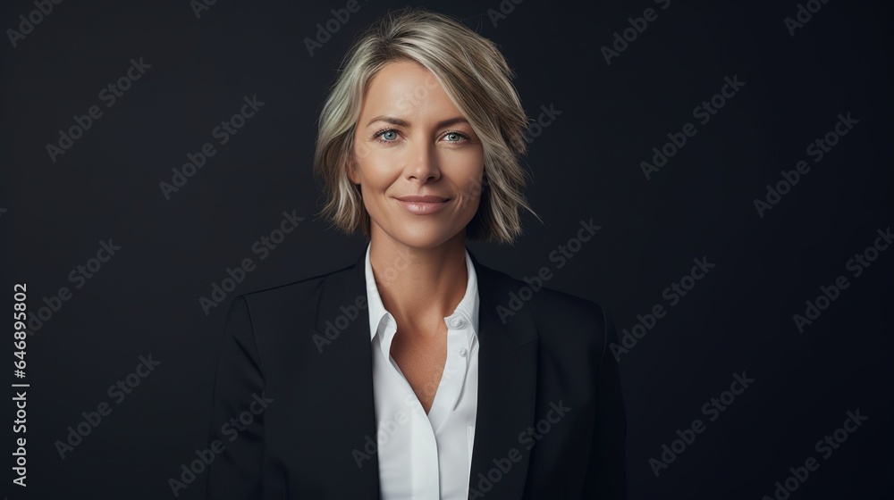 Senior business woman standing crossed arm and looking at camera on gray background Senior business woman standing crossed arm and looking at camera on gray background