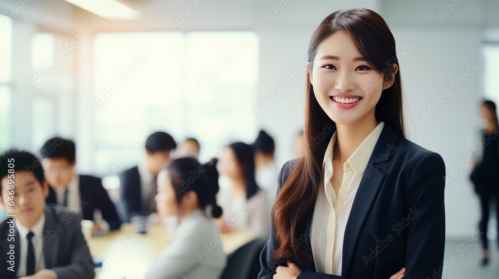 A confident businesswoman leads a successful team in a corporate office, smiling and standing alongside her colleagues, reflecting professionalism, teamwork, and a positive work environment A confident businesswoman leads a successful team in a corporate office, smiling and standing alongside her colleagues, reflecting professionalism, teamwork, and a positive work environment