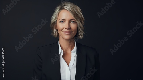 Senior business woman standing crossed arm and looking at camera on gray background