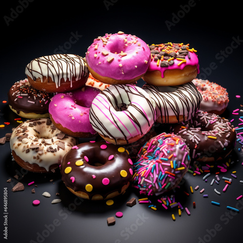 Fondo con detalle y textura de multitud de rosquillas con chocolate negro, azucar de color rosa y virutas de caramelo de colores photo