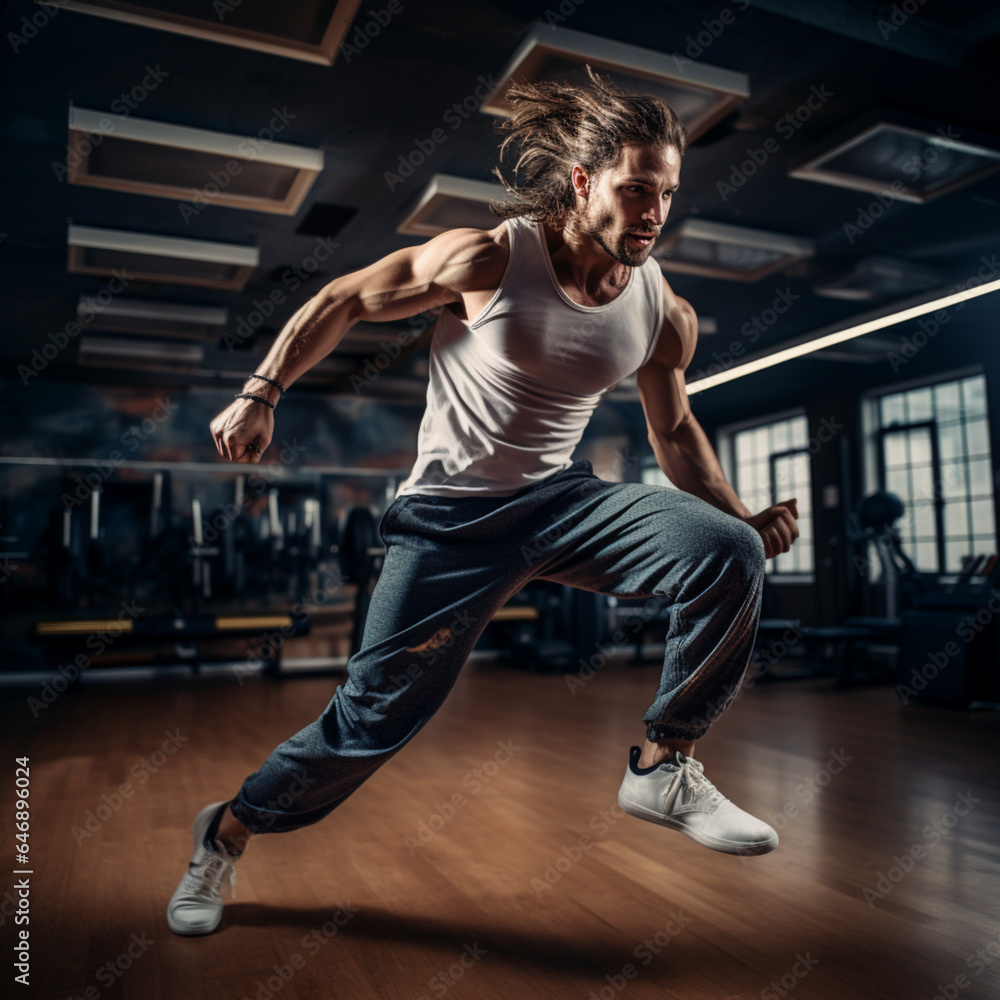 Fondo con detalle de hombre de estilo atletico, con pelo moreno, en movimiento, realizando ejercicio dentro de sala de gimnasio Fondo con detalle de hombre de estilo atletico, con pelo moreno, en movimiento, realizando ejercicio dentro de sala de gimnasio