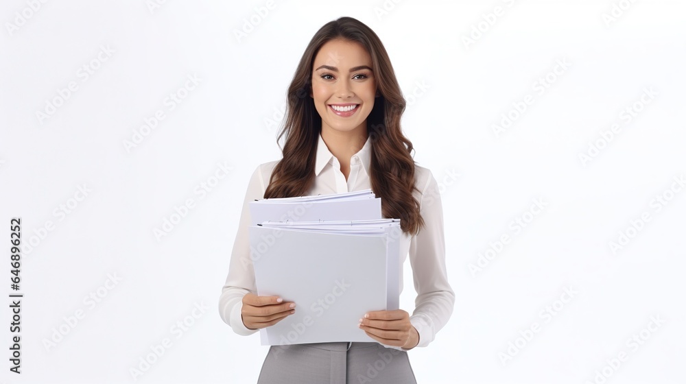 business woman holding a white paper on white background. generative ai business woman holding a white paper on white background. generative ai