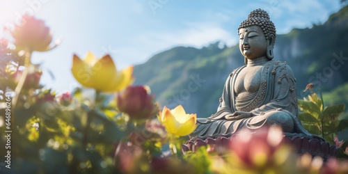 A Large Statue of lord buddha sitting with lotus flower mountains in background
