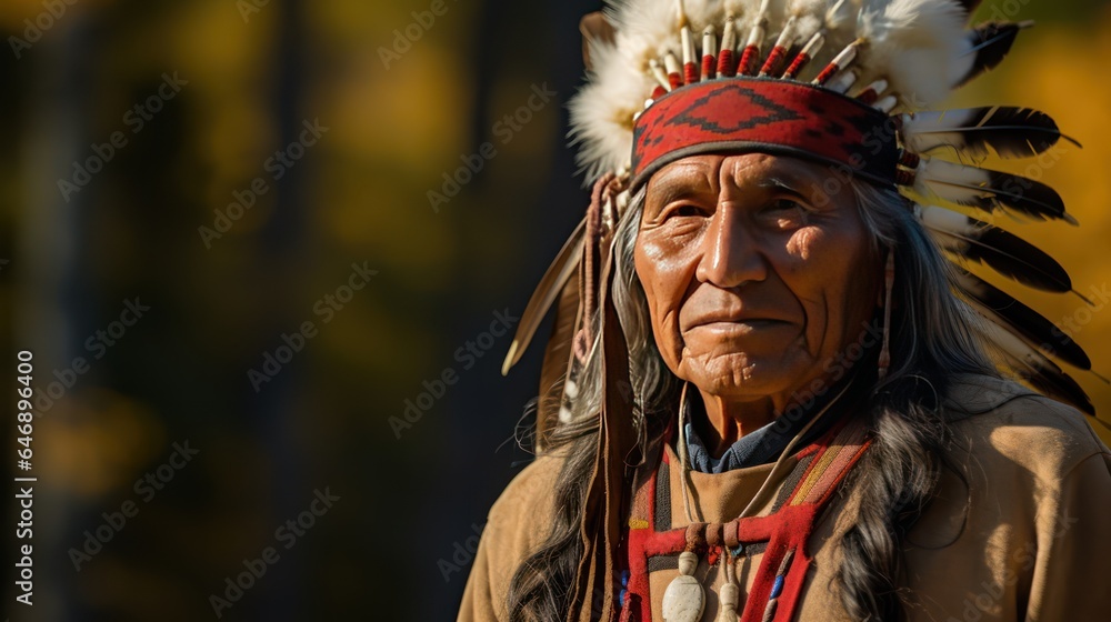 A Portrait of native Indian man  wearing old fashioned clothes ready to hunt standing in blurred forest background 