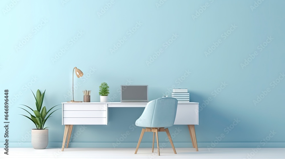 Fototapeta premium Minimal office desk in pastel blue monochrome color scheme. Minimalist design concept for study and workspace. Rendered as a 3D mockup template.