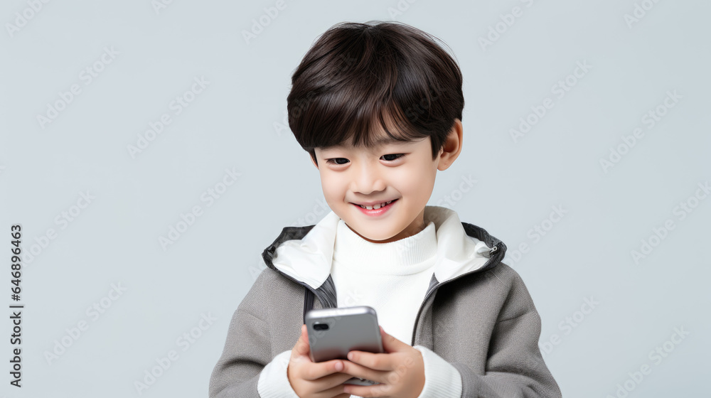 Little smiling boy with a cell phone on a colored background. Little smiling boy with a cell phone on a colored background.