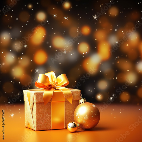 Gifts for Christmas wrapped in golden paper with golden ribbons on dark background