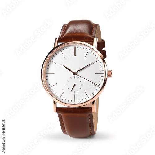 Elegant Wristwatch with Leather Strap on White Background