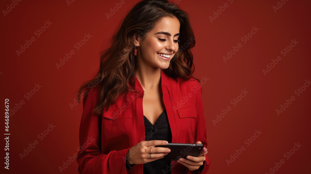 Happy smiling young woman is using her phone on a colored background. Happy smiling young woman is using her phone on a colored background.