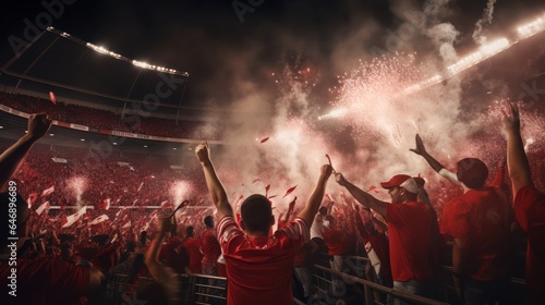 A large Crowd celebrating winning moment of their football team wearing red t -shirt in Soccer Stadium