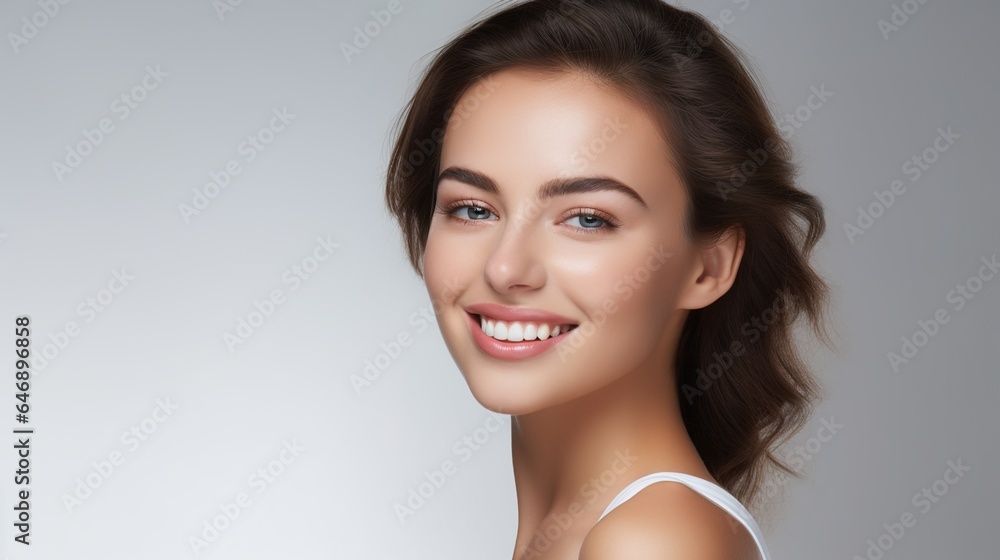 Radiant Smile, Confident Beauty: A close-up portrait of a young woman with captivating green eyes and a dazzling smile. Radiant Smile, Confident Beauty: A close-up portrait of a young woman with captivating green eyes and a dazzling smile.