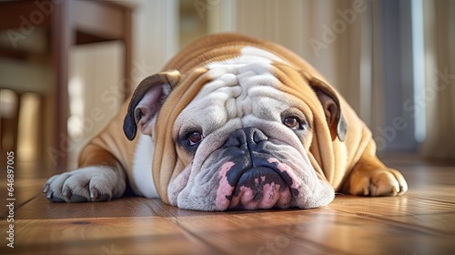 Bulldog lying on a wooden floor, capturing the smooth texture and fur