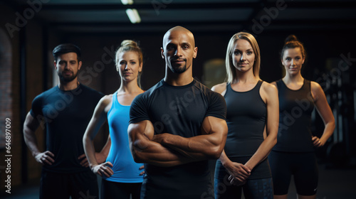 Group of athletic men and women stand together in the background of a gym