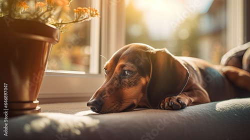 Dachshund dozing off on a window sill, bathed in the golden hour light