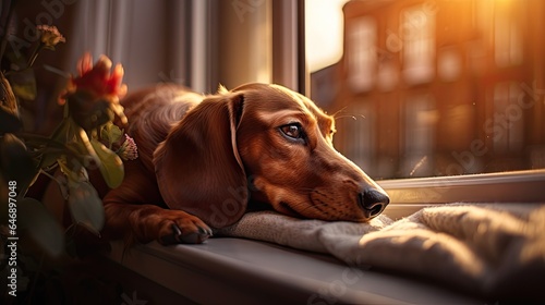 Dachshund dozing off on a window sill, bathed in the golden hour light