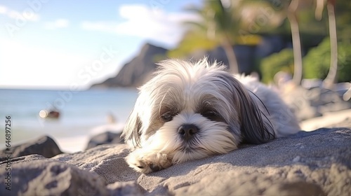 Shih Tzu dozing on a beach, with the sound of waves in the background © Filip
