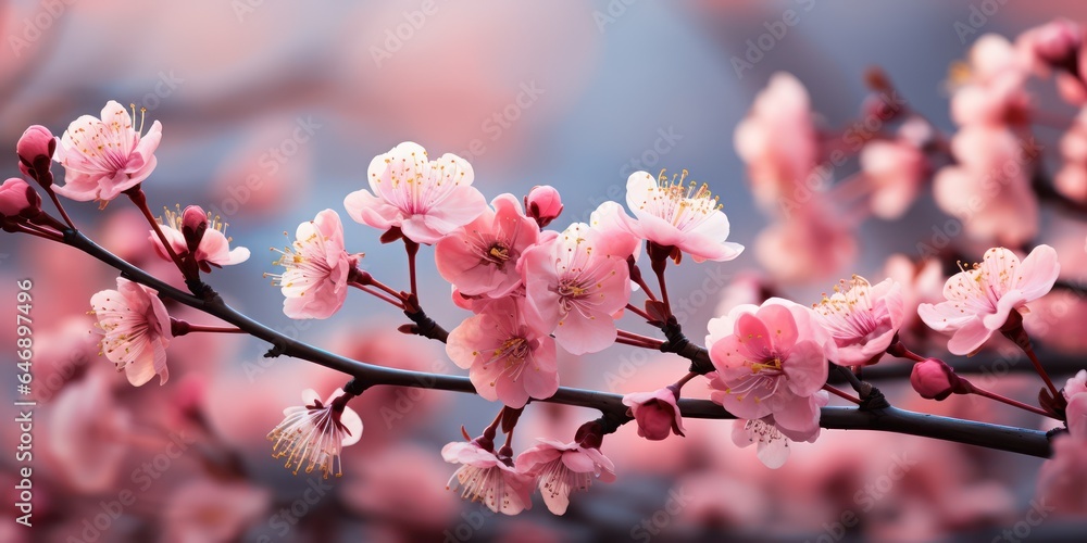 Spring Border with Pink Blossom Blooming Tree