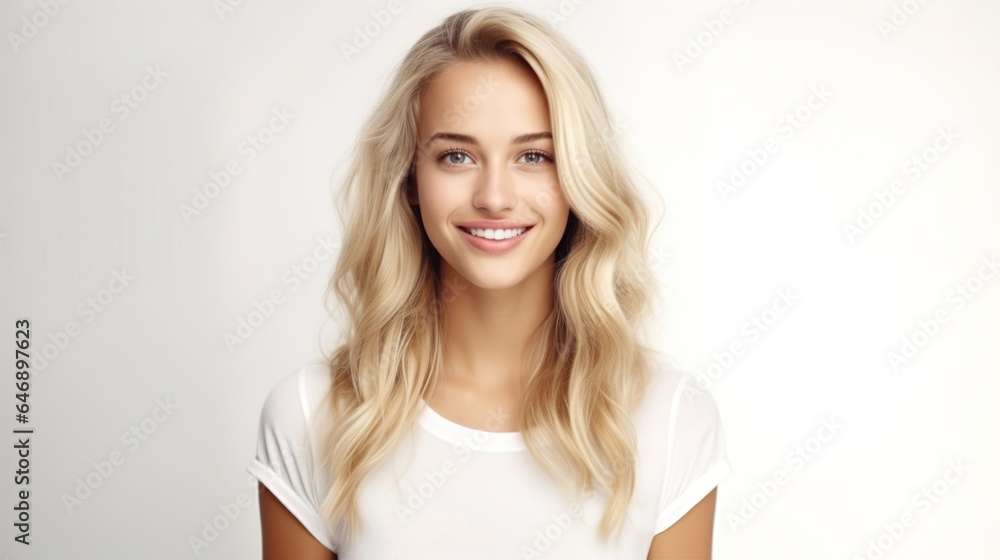 portrait of a beautiful smiling woman looking at the camera on white background